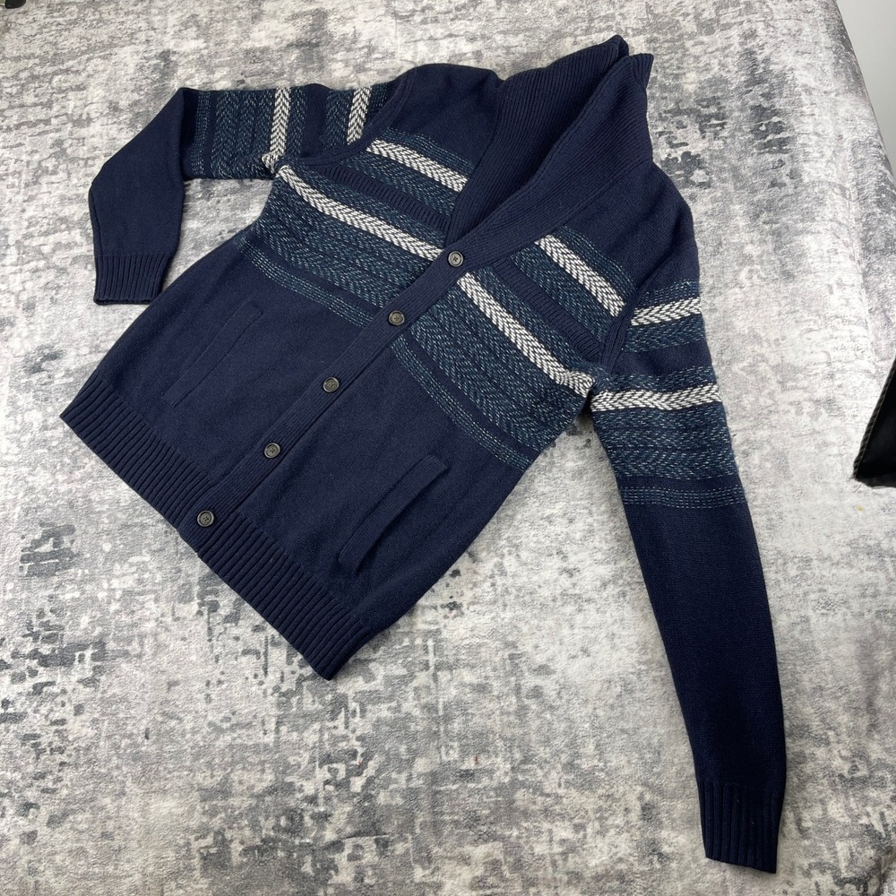 Banana Republic Men XL Cardigan Striped Blue Shawl Collar Wool Blend Herringbone